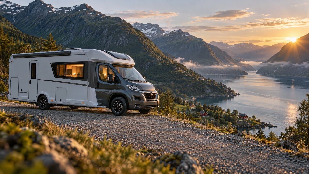 Bobil ved norsk fjord i kveldslys